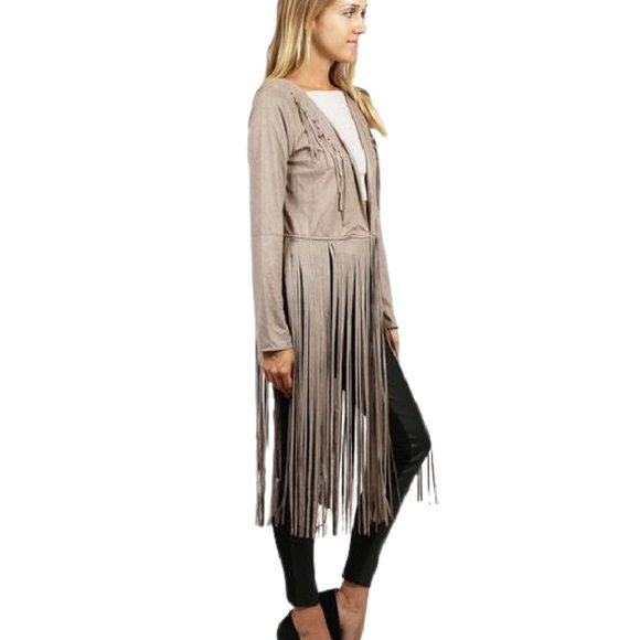 Stylish Grey Bohemian Faux Suede with Long Fringe Hemline - Picture 2 of 4